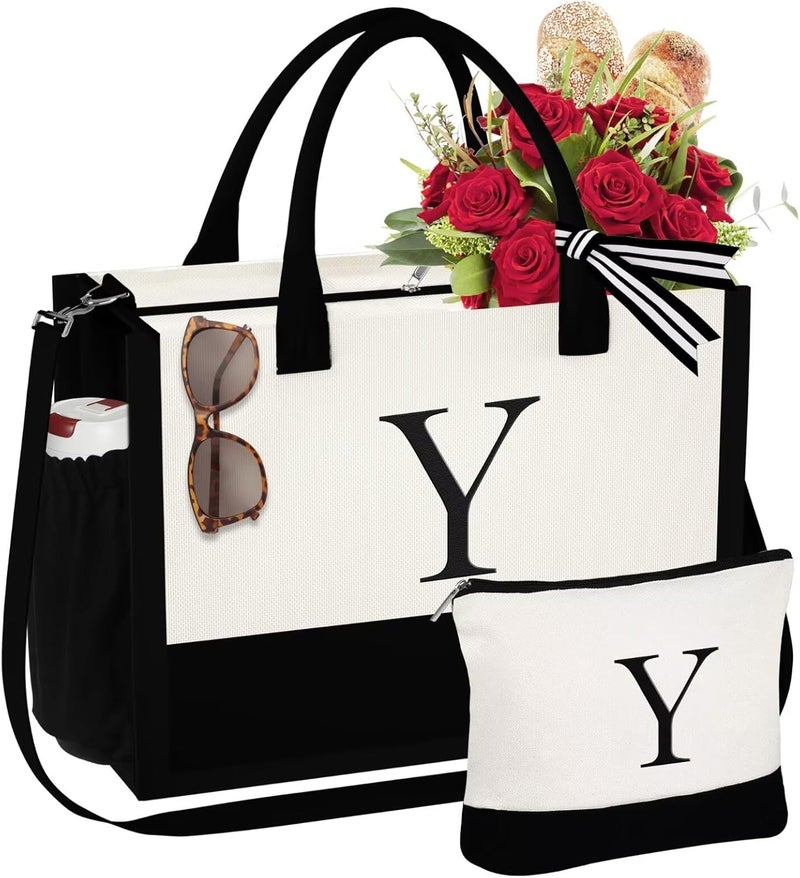 YOOLIFE Valentines Day Gifts for Women - Initial Canvas Tote Bag & Makeup Bag, Birthday Gifts for Women Mom Sister Friends - Image 1